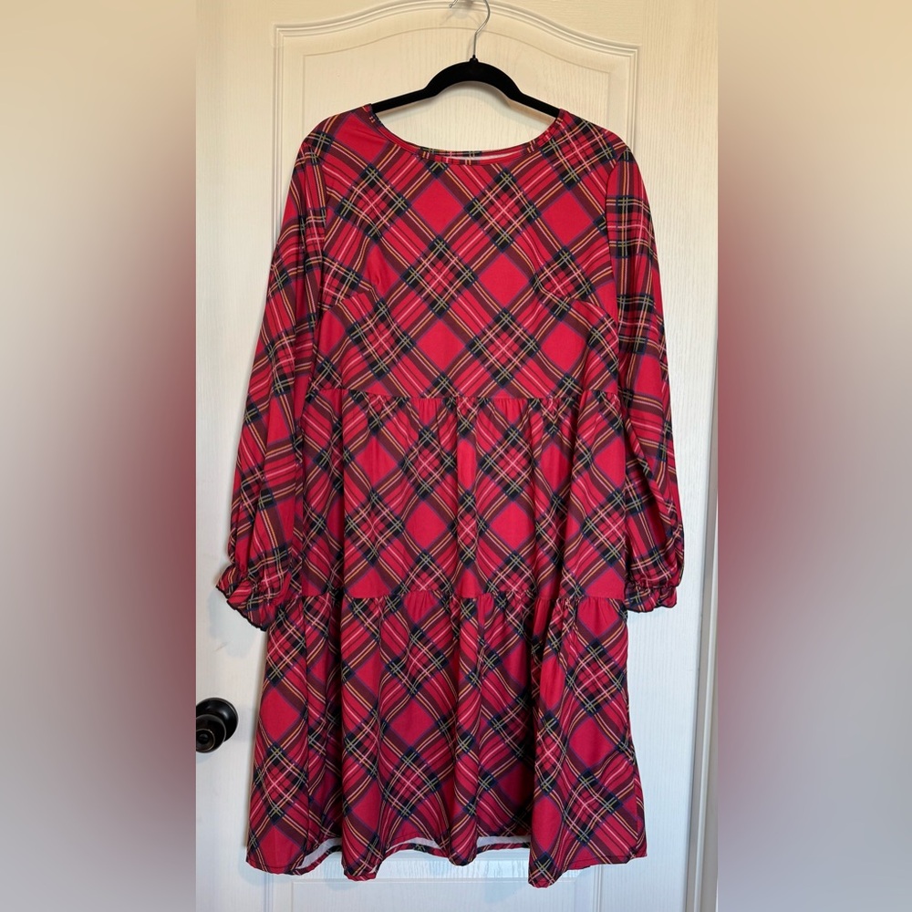 Plaid Red Long Sleeve Swing Dress - Picture 3 of 7